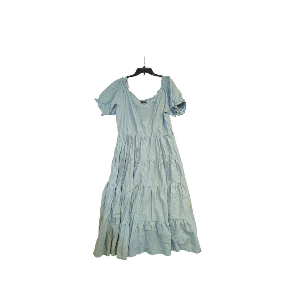 City Chic Puff Sleeve Tiered Linen Blend Maxi Dress Light Blue - Size M